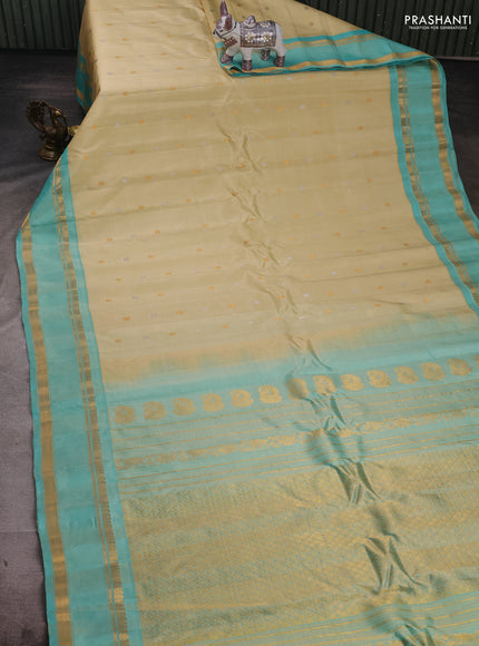 Cream & Teal Green Pure Gadwal Silk - Buttas