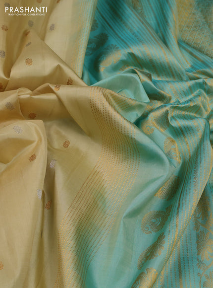 Cream & Teal Green Pure Gadwal Silk - Buttas