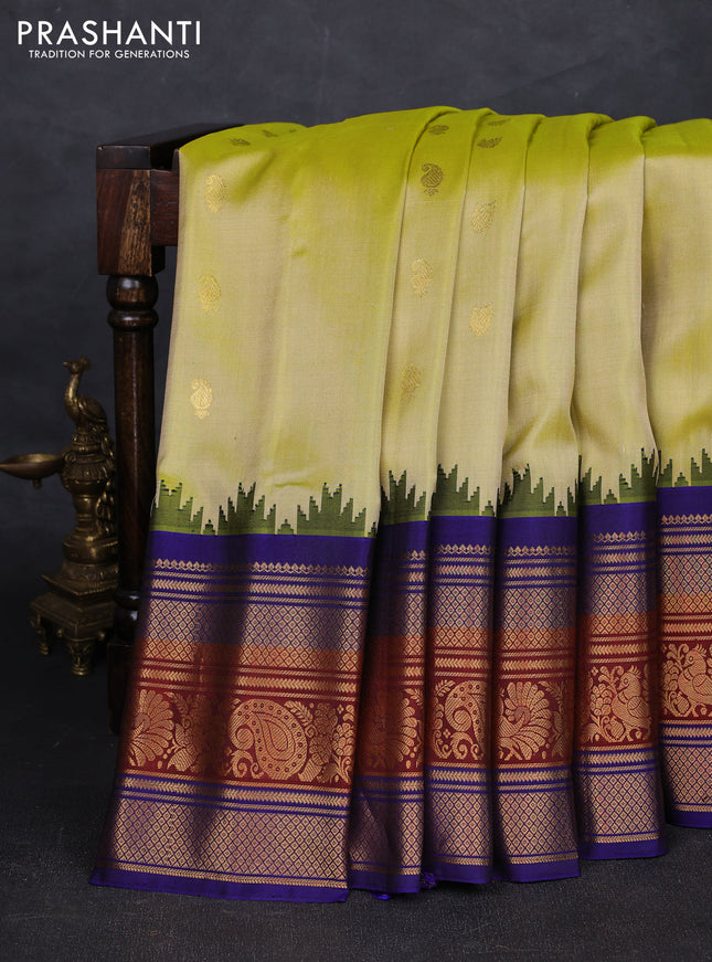 Lime Yellow & Blue Pure Gadwal Silk - Buttas