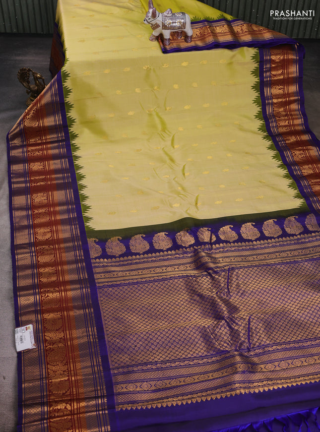 Lime Yellow & Blue Pure Gadwal Silk - Buttas