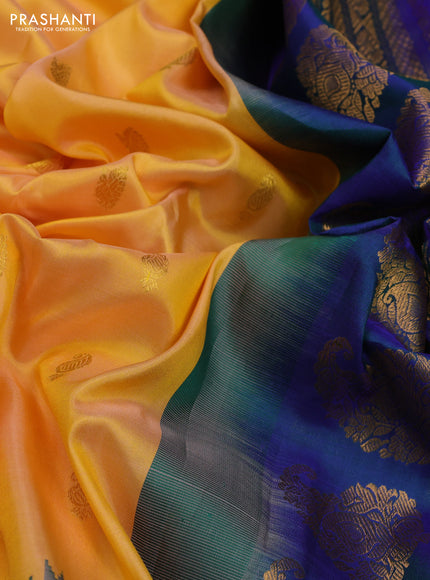 Peach Orange & Peacock Blue Pure Gadwal Silk - Buttas