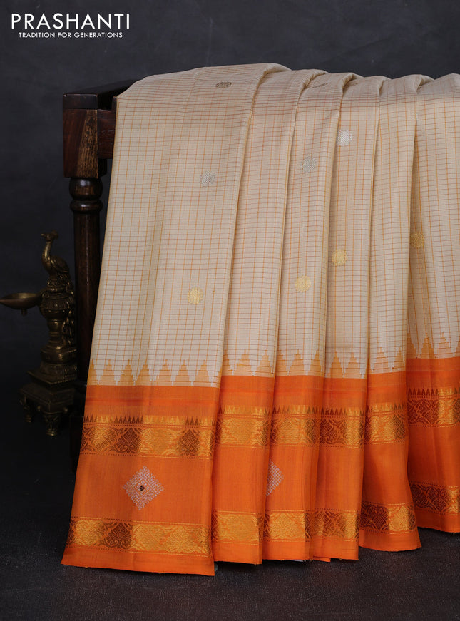 Beige & Orange Pure Gadwal Silk - Checks
