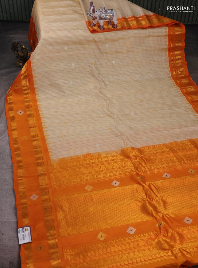 Beige & Orange Pure Gadwal Silk - Checks