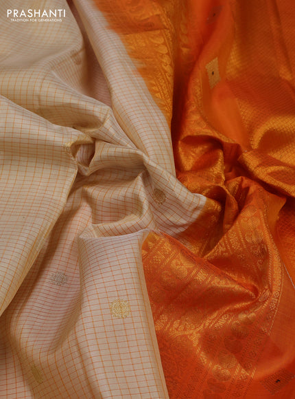 Beige & Orange Pure Gadwal Silk - Checks