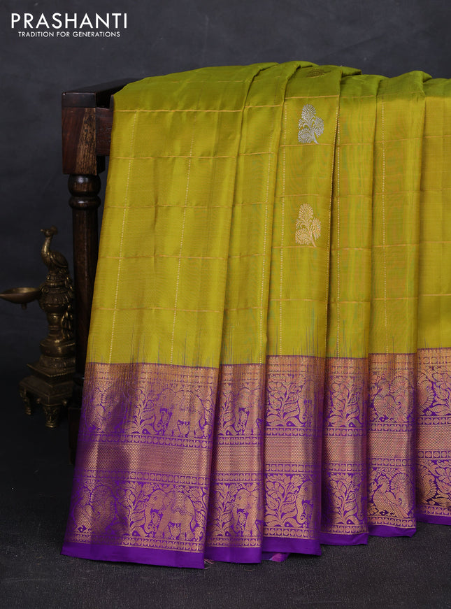 Lime Green & Purple Pure Gadwal Silk - Checks