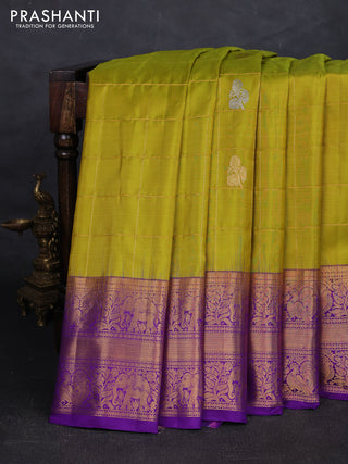 Lime Green & Purple Pure Gadwal Silk - Checks