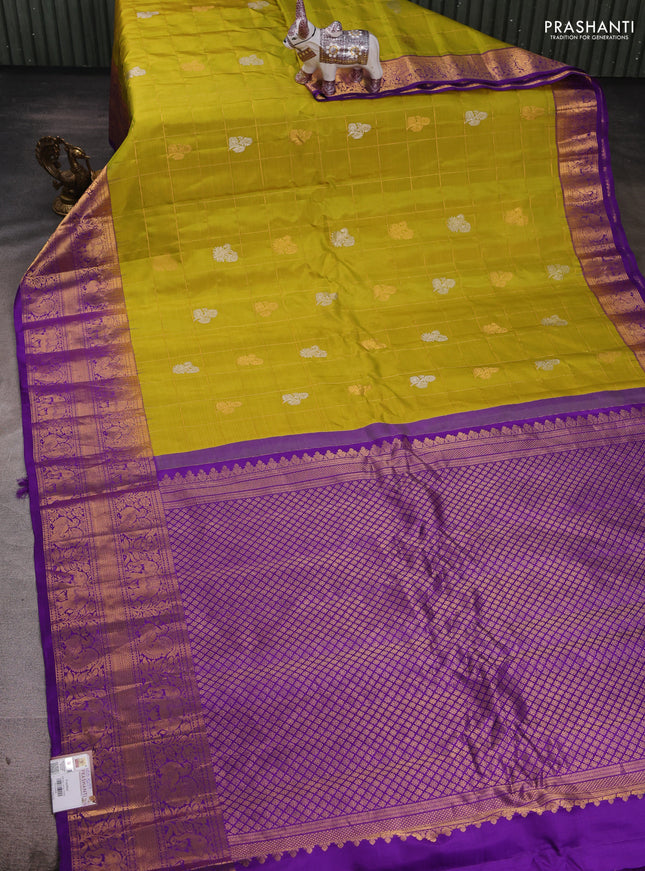 Lime Green & Purple Pure Gadwal Silk - Checks