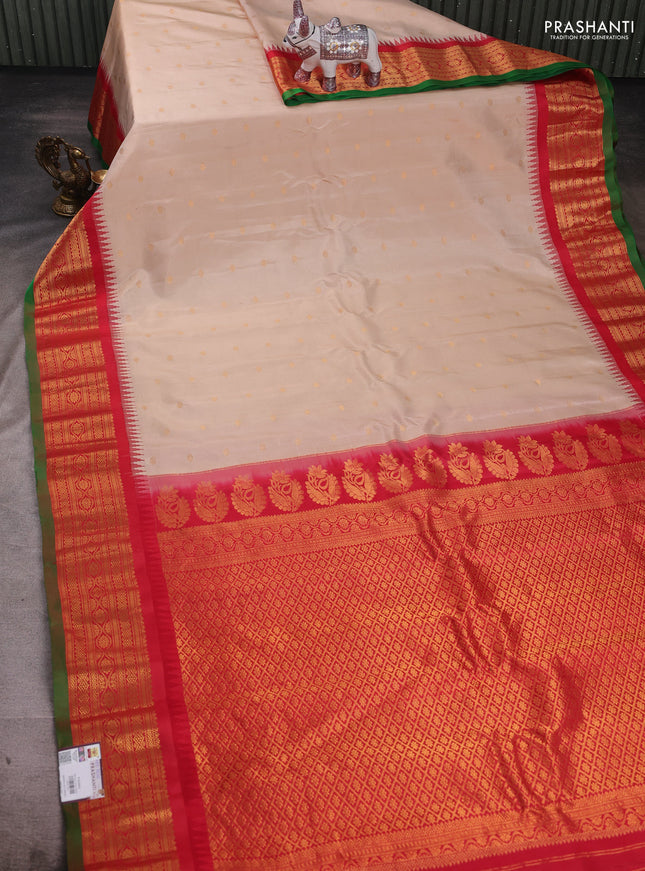 Beige & Red Pure Gadwal Silk - Buttas
