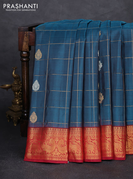 Peacock Blue & Maroon Pure Gadwal Silk - Checks