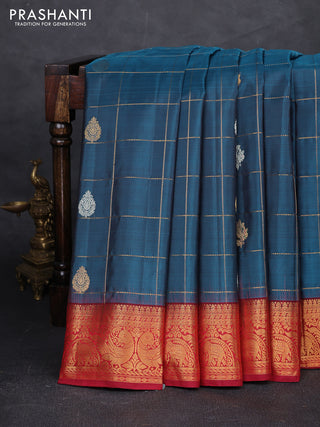 Peacock Blue & Maroon Pure Gadwal Silk - Checks