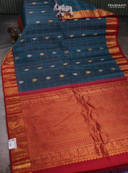 Peacock Blue & Maroon Pure Gadwal Silk - Checks