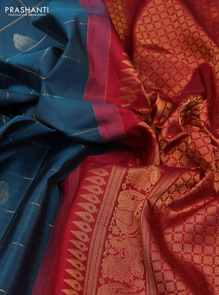 Peacock Blue & Maroon Pure Gadwal Silk - Checks
