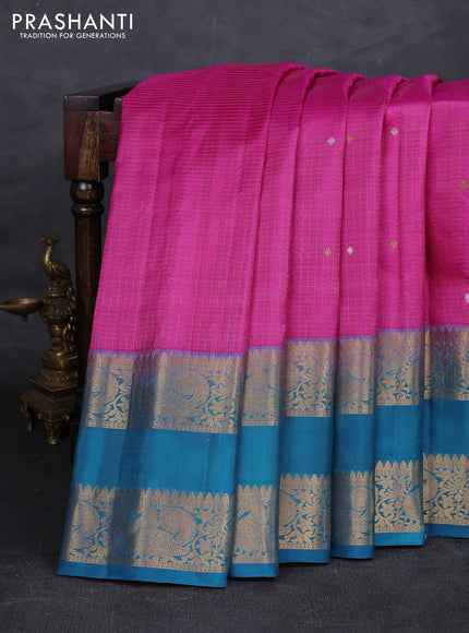 Pink & Peacock Blue Pure Gadwal Silk - Checks