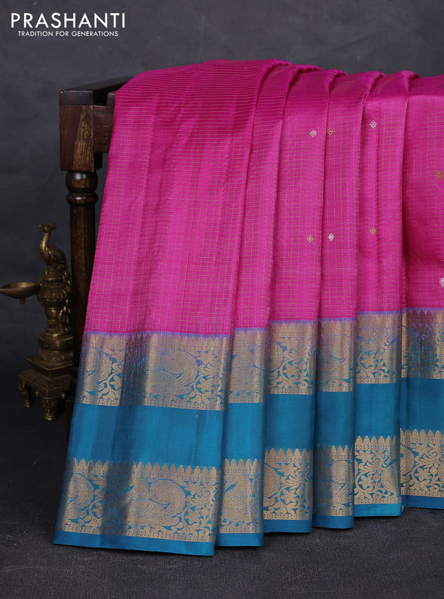 Pink & Peacock Blue Pure Gadwal Silk - Checks