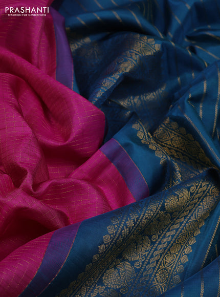 Pink & Peacock Blue Pure Gadwal Silk - Checks