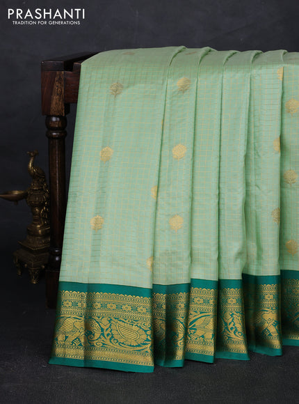 Pista Green & Green Pure Gadwal Silk - Checks