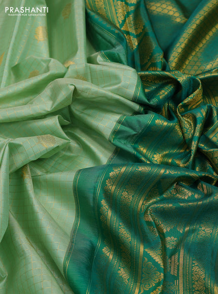 Pista Green & Green Pure Gadwal Silk - Checks