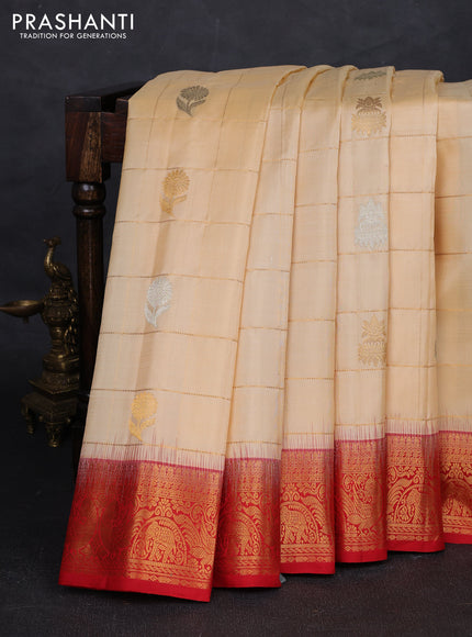 Cream & Red Pure Gadwal Silk - Checks
