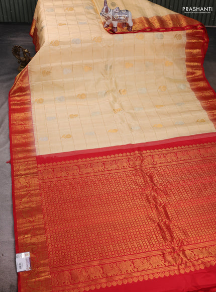 Cream & Red Pure Gadwal Silk - Checks
