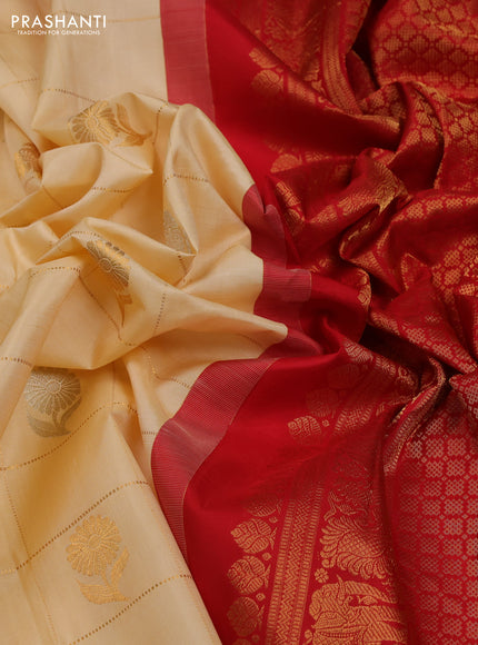 Cream & Red Pure Gadwal Silk - Checks
