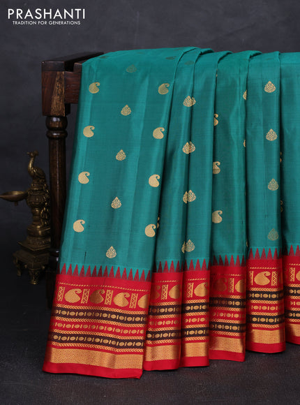 Teal Green & Red Pure Gadwal Silk - Buttas