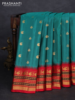 Teal Green & Red Pure Gadwal Silk - Buttas