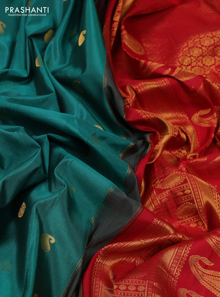 Teal Green & Red Pure Gadwal Silk - Buttas