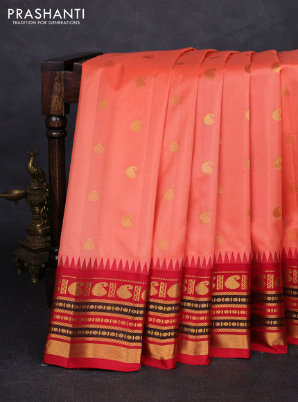 Peach Pink & Red Pure Gadwal Silk - Buttas