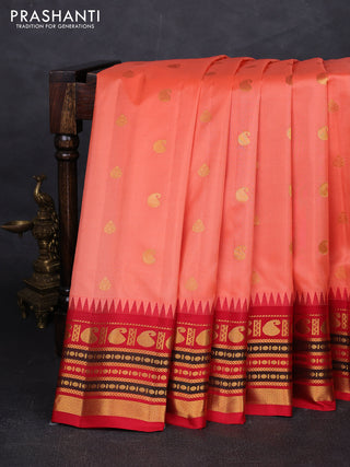 Peach Pink & Red Pure Gadwal Silk - Buttas