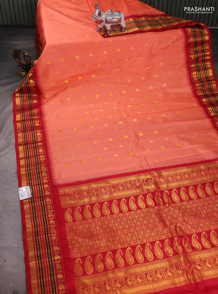 Peach Pink & Red Pure Gadwal Silk - Buttas
