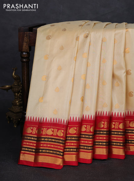 Cream & Red Pure Gadwal Silk - Buttas