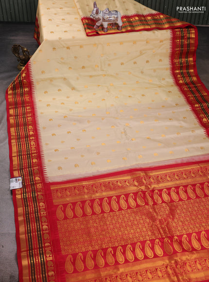 Cream & Red Pure Gadwal Silk - Buttas