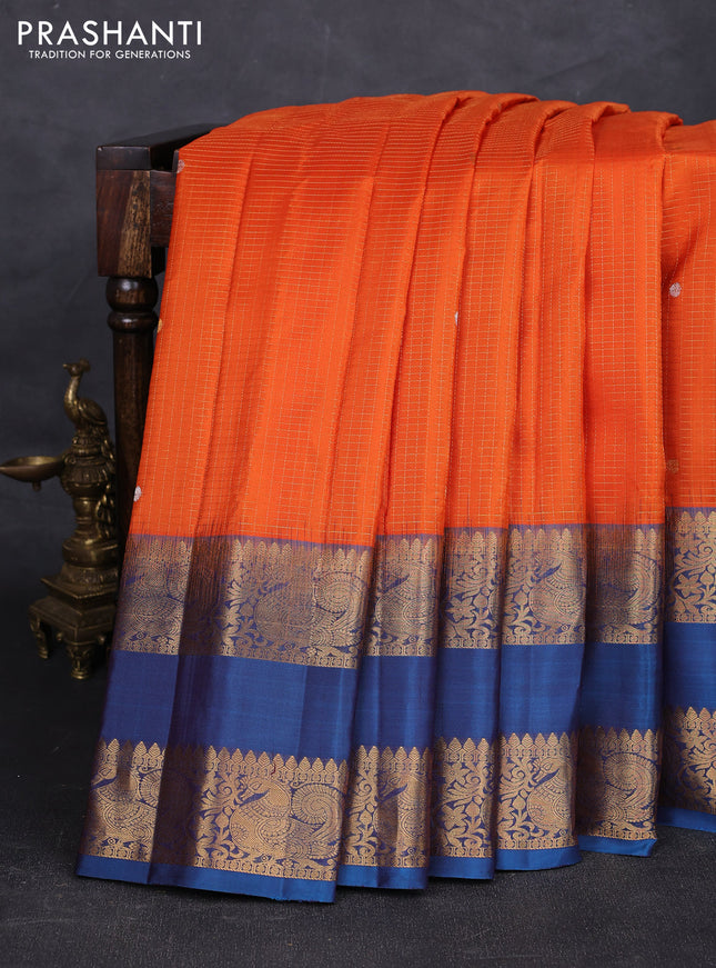 Orange & Peacock Blue Pure Gadwal Silk - Checks