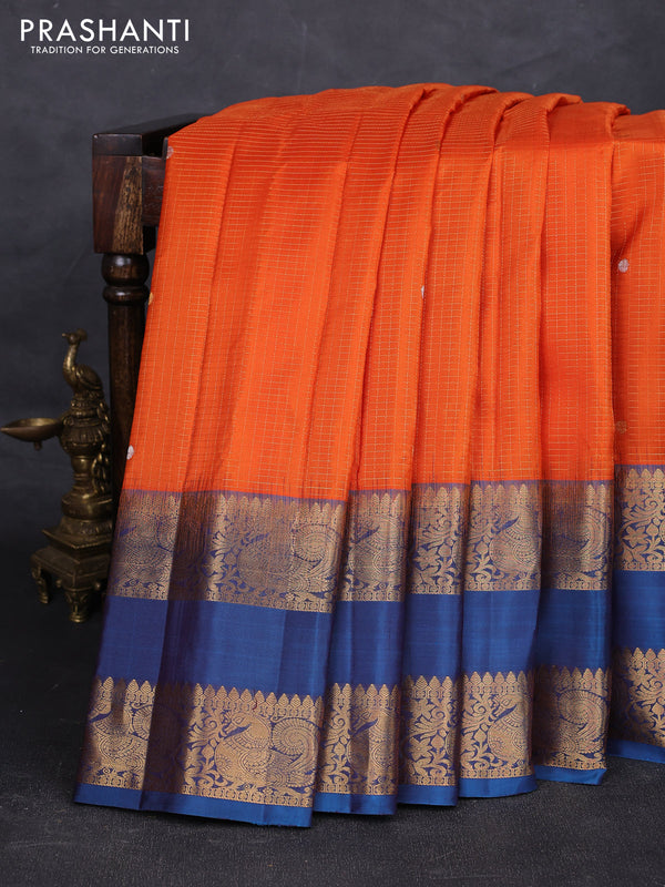 Orange & Peacock Blue Pure Gadwal Silk - Checks