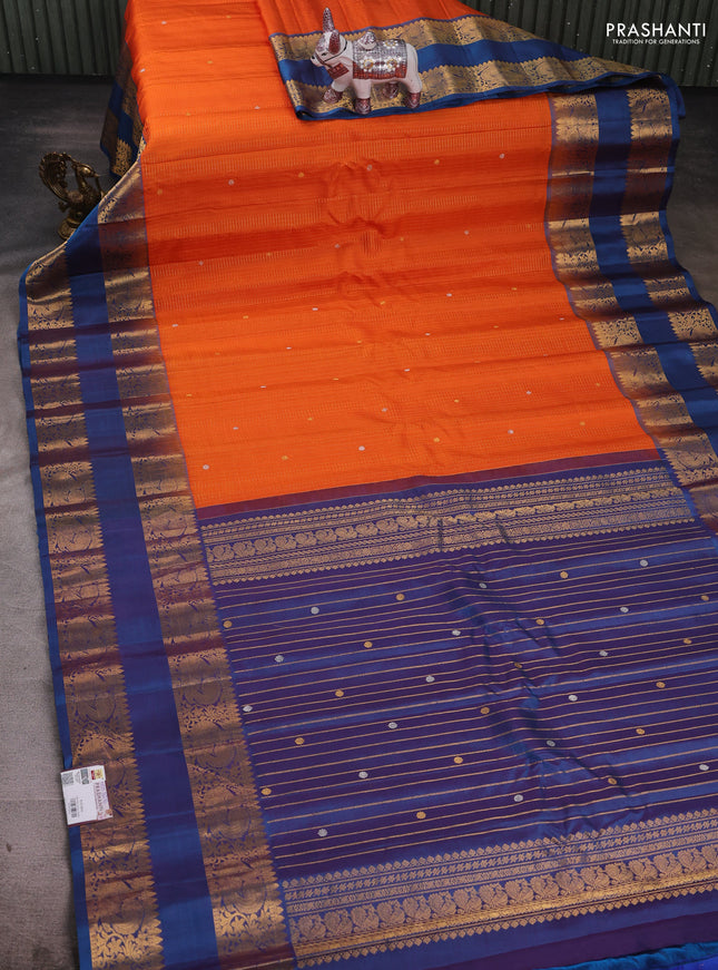 Orange & Peacock Blue Pure Gadwal Silk - Checks