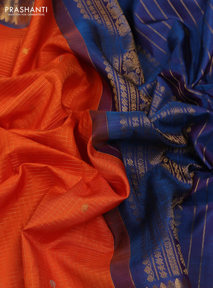 Orange & Peacock Blue Pure Gadwal Silk - Checks