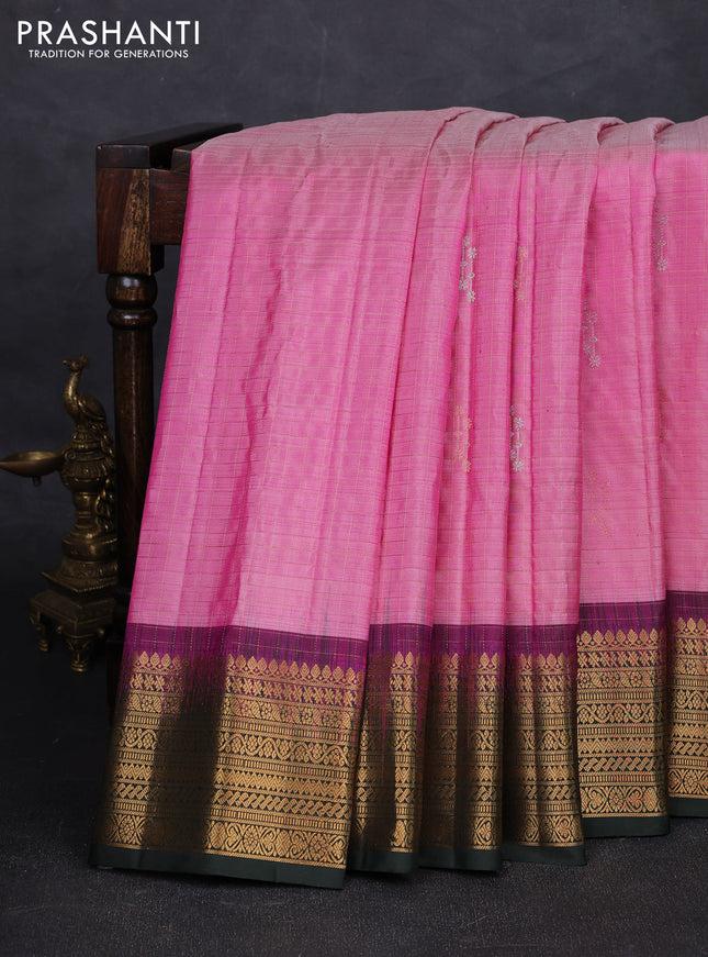 Pink & Bottle Green Pure Gadwal Silk - Checks