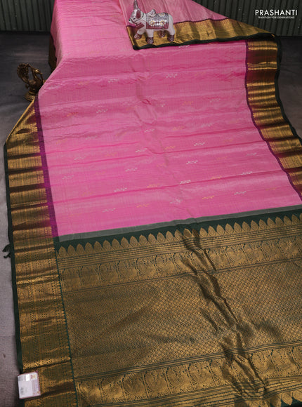 Pink & Bottle Green Pure Gadwal Silk - Checks