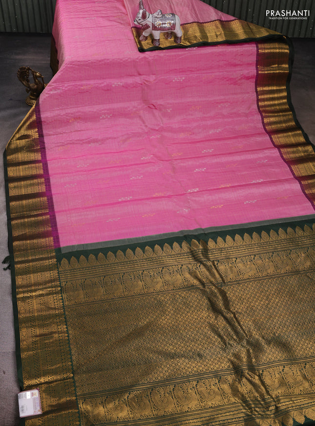 Pink & Bottle Green Pure Gadwal Silk - Checks