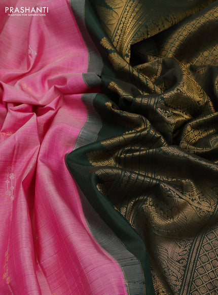 Pink & Bottle Green Pure Gadwal Silk - Checks