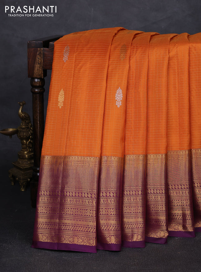 Mango Yellow & Purple Pure Gadwal Silk - Checks