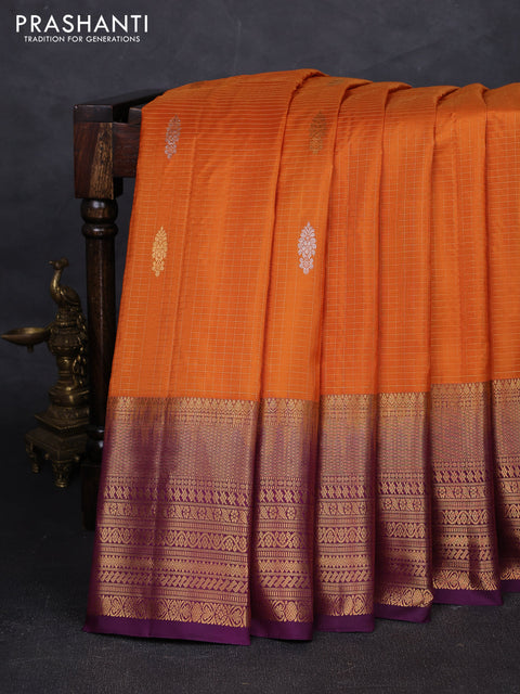Mango Yellow & Purple Pure Gadwal Silk - Checks
