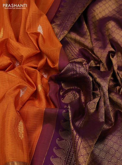 Mango Yellow & Purple Pure Gadwal Silk - Checks