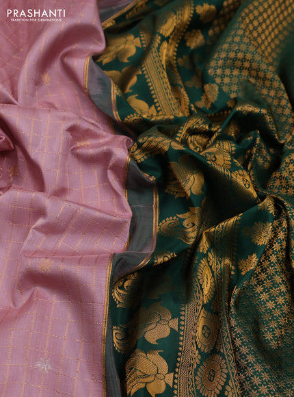 Pastel Pink & Green Pure Gadwal Silk - Checks