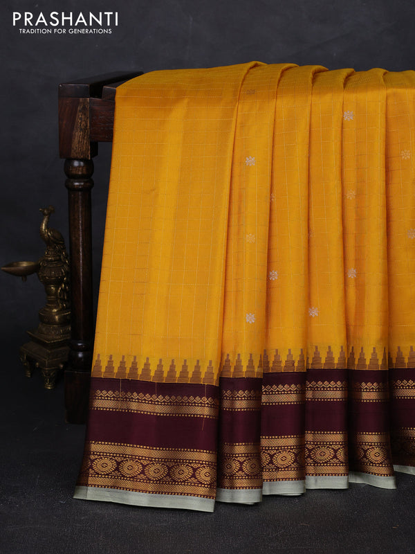 Mustard Yellow & Wine Pure Gadwal Silk - Checks