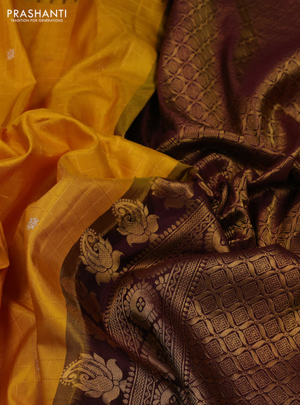 Mustard Yellow & Wine Pure Gadwal Silk - Checks