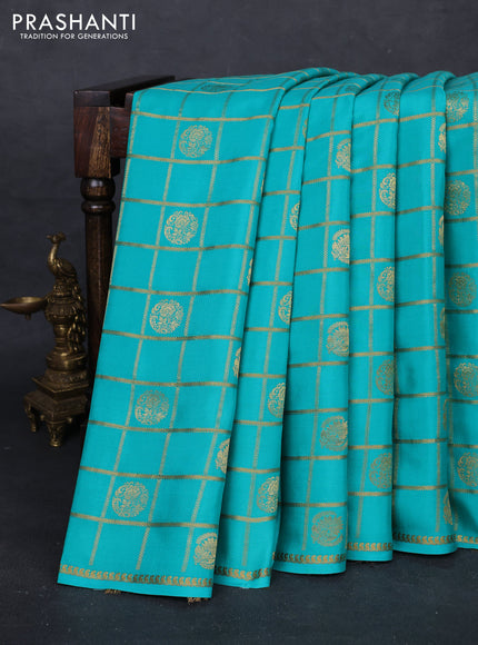 Teal Blue Pure Mysore Silk - Checks