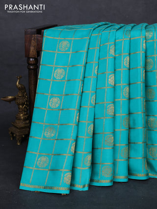 Teal Blue Pure Mysore Silk - Checks