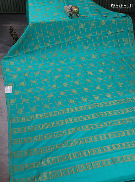 Teal Blue Pure Mysore Silk - Checks