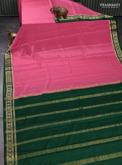 Peach Pink & Green Pure Mysore Silk Saree